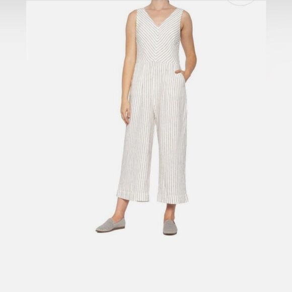 Rachel Zoe Linen Jumpsuit White Striped V-Neck Romper w/Pockets Size 10 - Picture 1 of 9